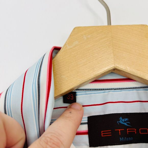 Etro Shirt M UK Blue Red Striped Cotton Tailored Long Sleeve Logo Classic - Picture 9 of 12